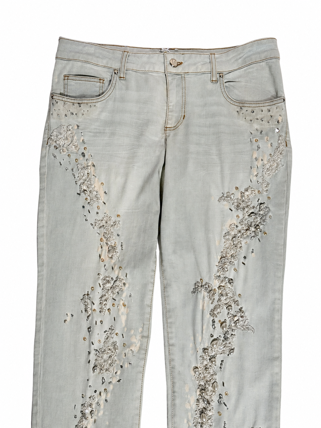 Hand-Beaded Embellished Jeans in Pale Grey Denim