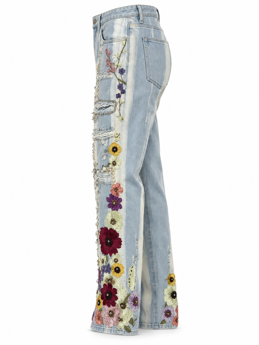 Meadows Crochet Floral Wide Leg Cropped Jeans