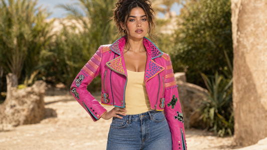 Hot Pink Cropped Leather Moto Jacket with Spikes and Patches
