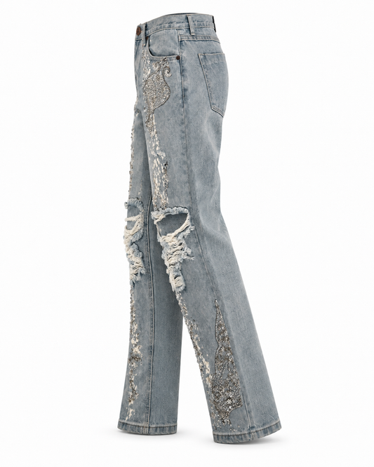 Cascade Beaded Open Knee Loose Straight Jeans