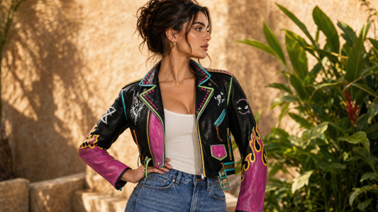 Hand-Painted Cropped Leather Moto Jacket with Flame Sleeves