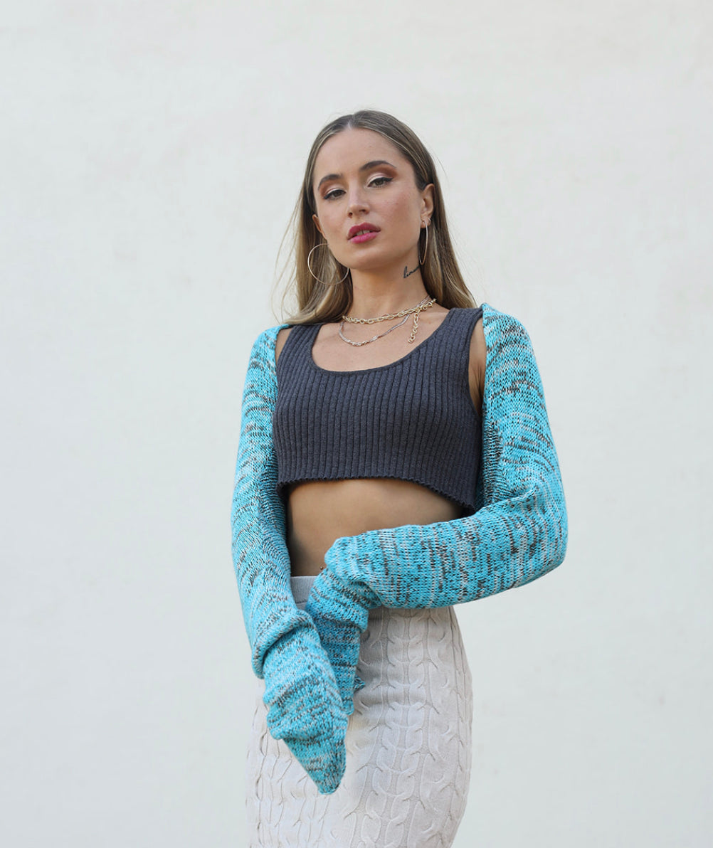 Cotton Shrug Long Sleeve Turquoise Tweed