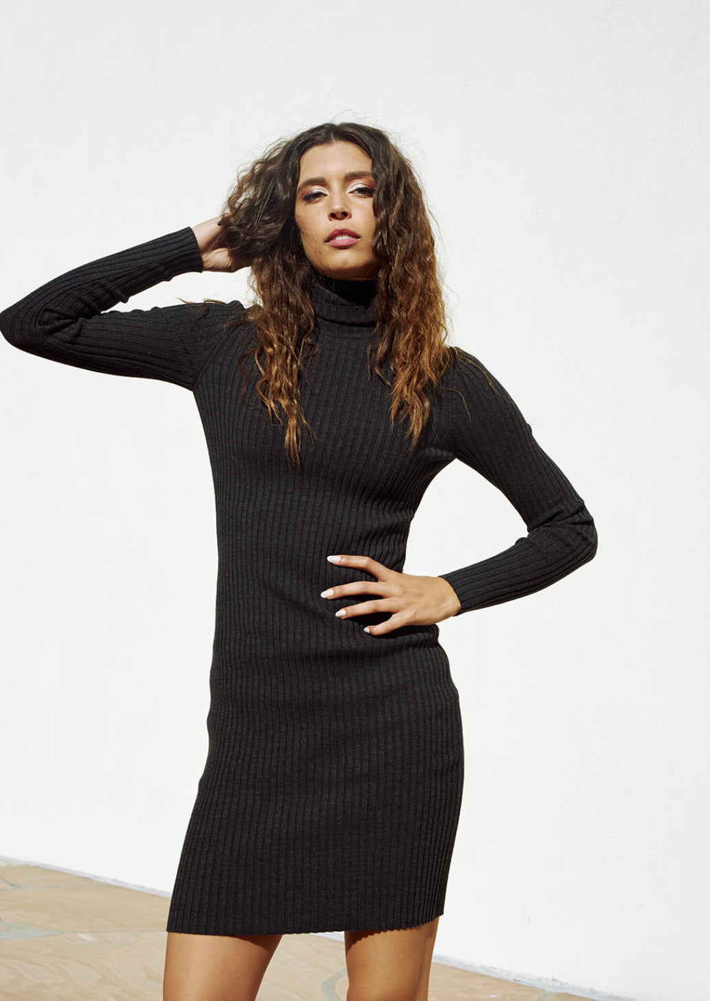 Fitted Cotton Mock-Neck Dress in Black