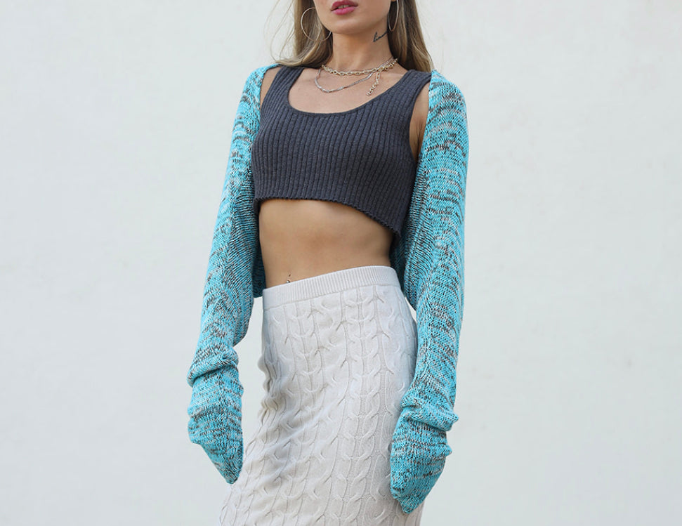 Cotton Shrug Long Sleeve Turquoise Tweed