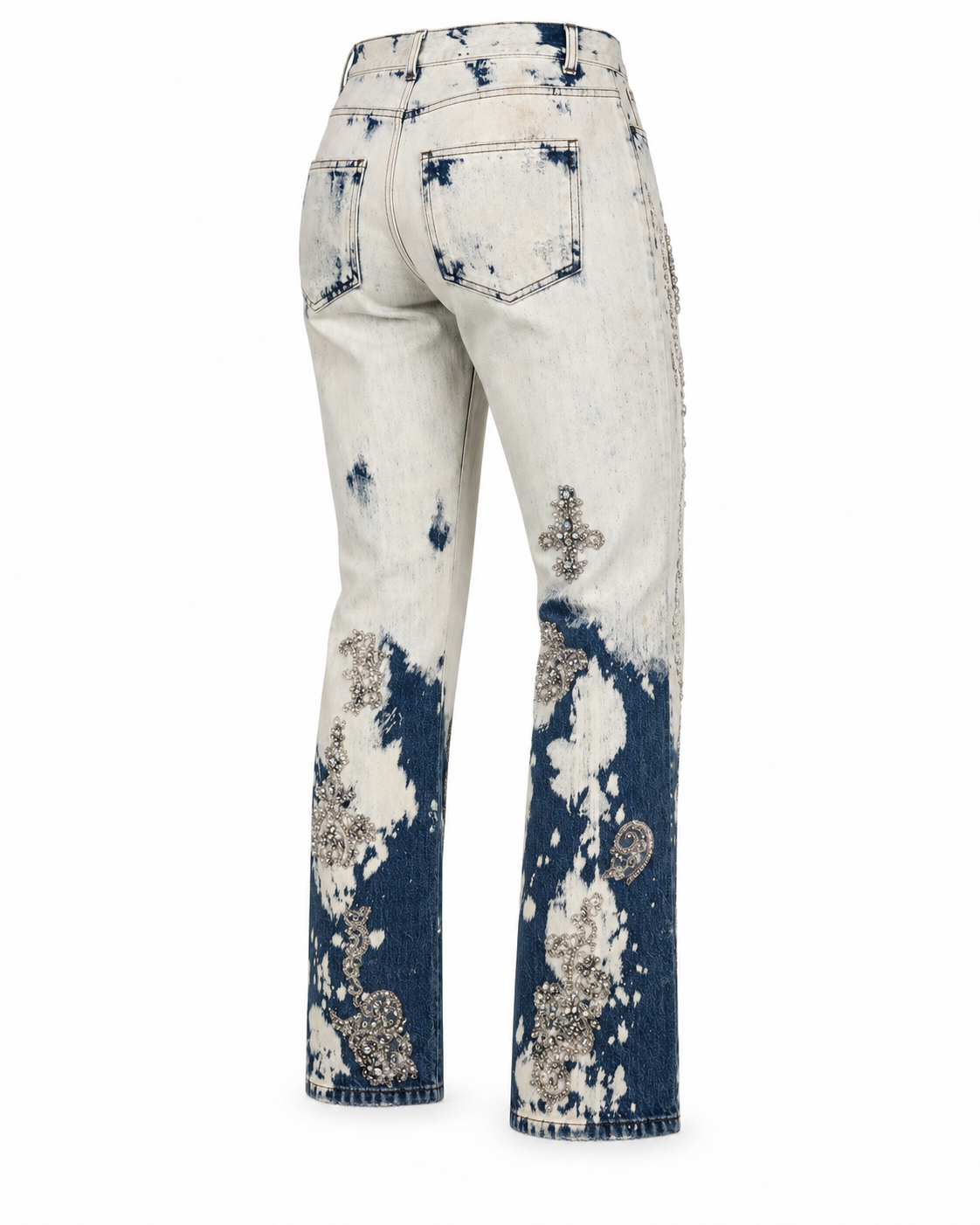 Gucci Crystal and Pearl Embellished Two Tone Bleach Dye Jeans