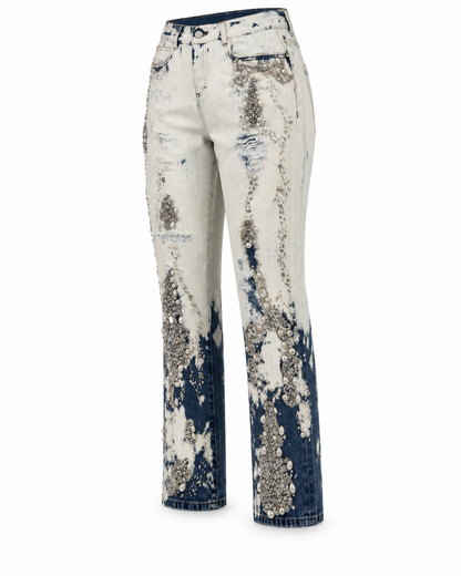 Gucci Crystal and Pearl Embellished Two Tone Bleach Dye Jeans