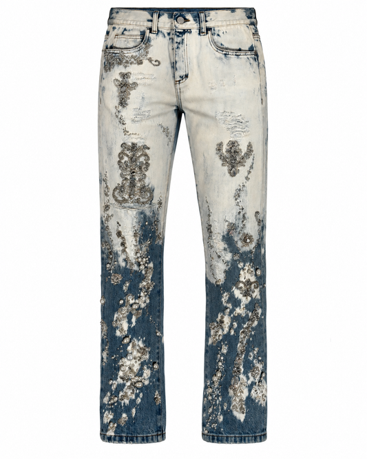 Gucci Delft Filigree Jeweled Mid Rise Straight Leg Jeans