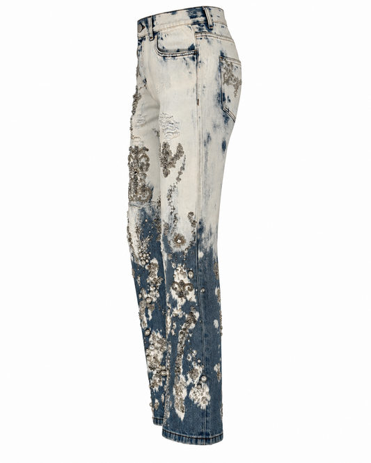 Gucci Delft Filigree Jeweled Mid Rise Straight Leg Jeans