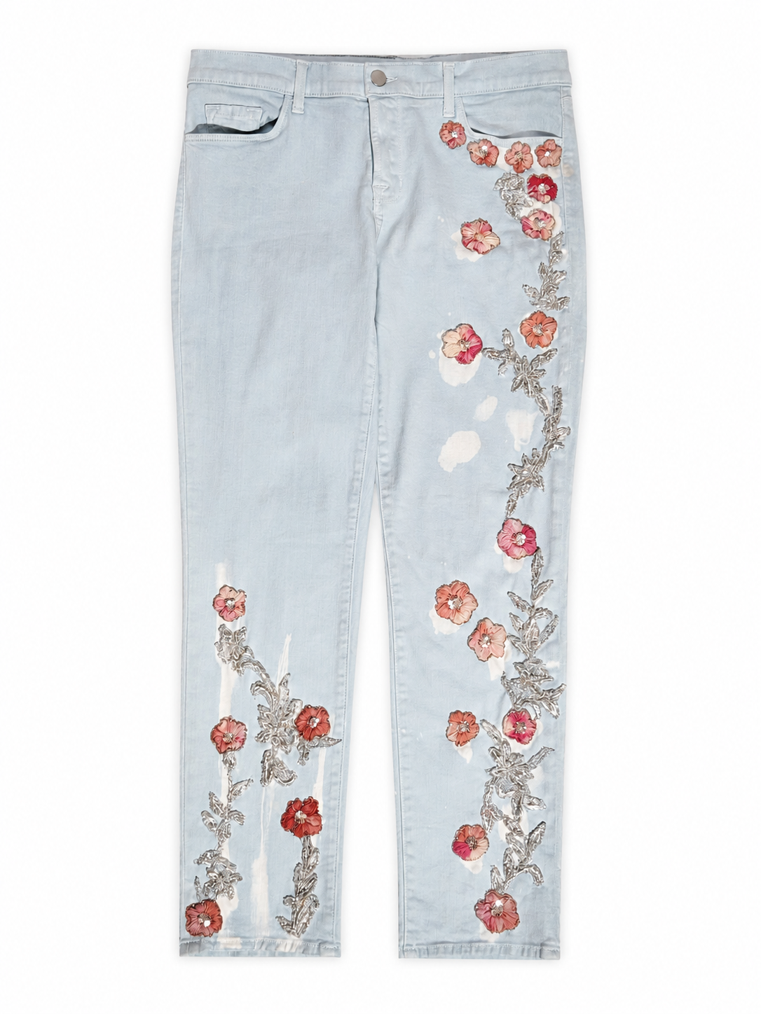 Hand-Beaded Floral Jeans in Pale Blue Denim