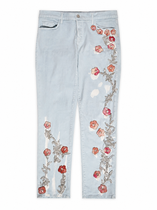 Hand-Beaded Floral Jeans in Pale Blue Denim