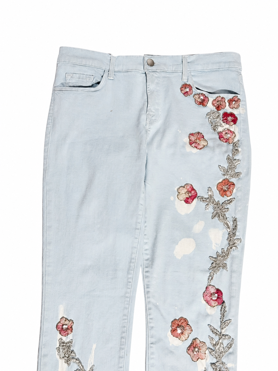Hand-Beaded Floral Jeans in Pale Blue Denim