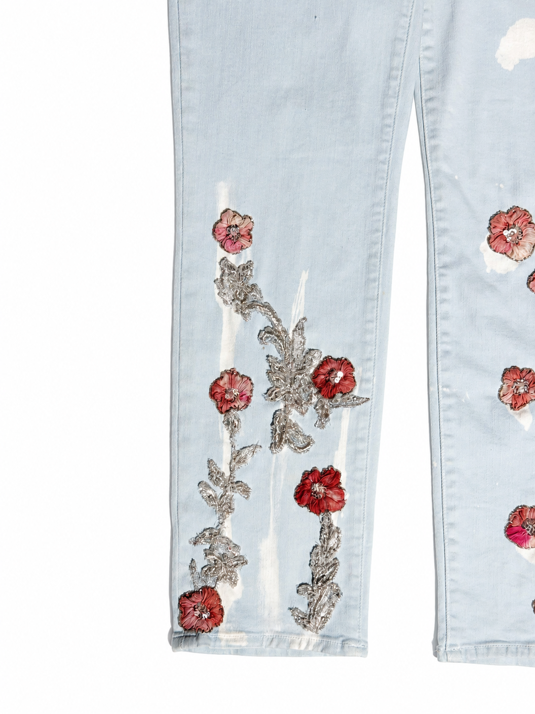 Hand-Beaded Floral Jeans in Pale Blue Denim