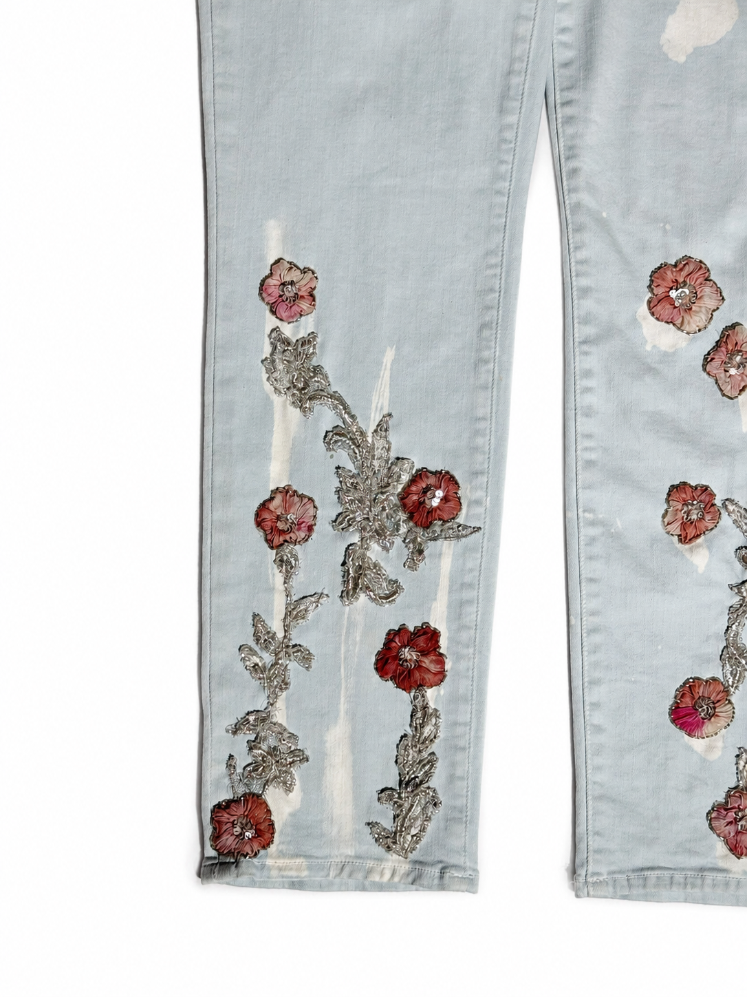 Hand-Beaded Floral Jeans in Pale Blue Denim