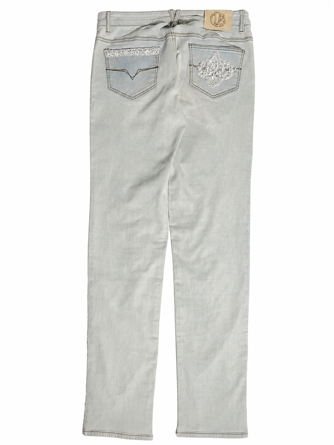 Hand-Beaded Embellished Jeans in Pale Grey Denim