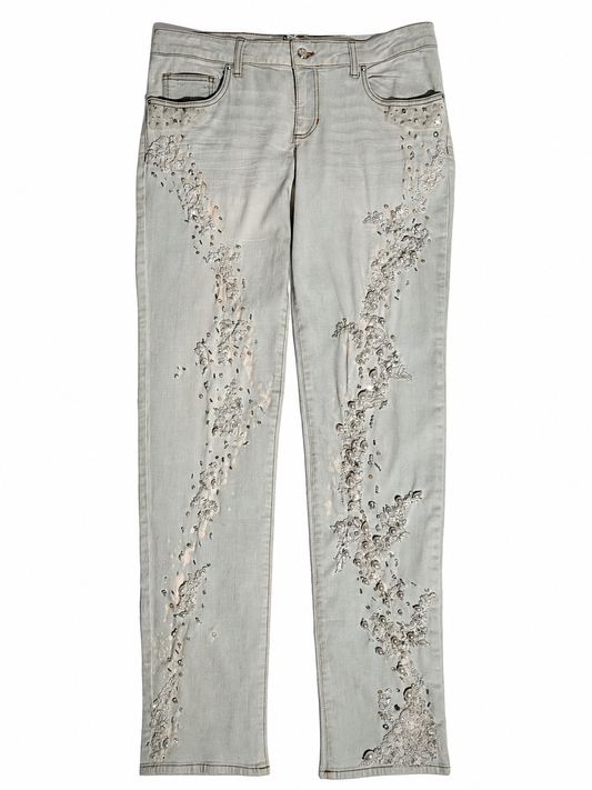 Hand-Beaded Embellished Jeans in Pale Grey Denim