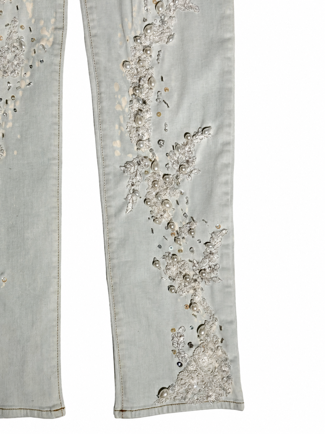 Hand-Beaded Embellished Jeans in Pale Grey Denim