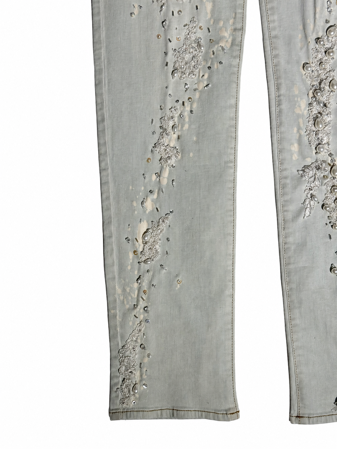 Hand-Beaded Embellished Jeans in Pale Grey Denim
