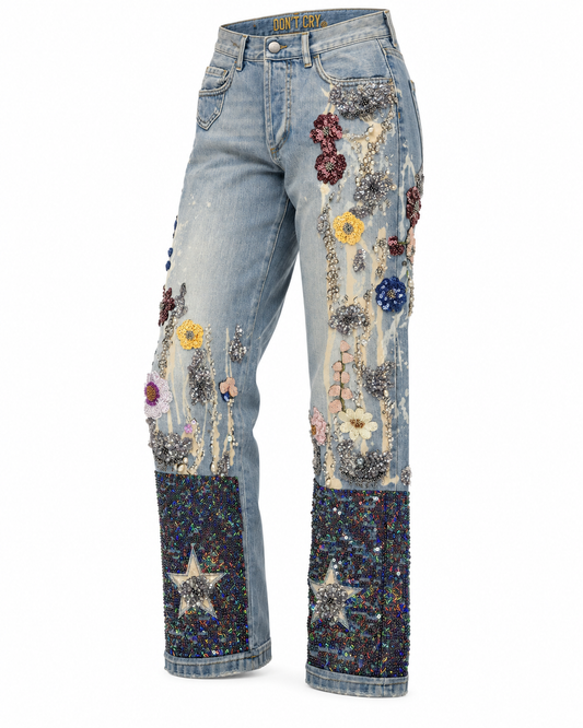 Meadows Constellations | Hand-Beaded Sequin Light Wash Jeans
