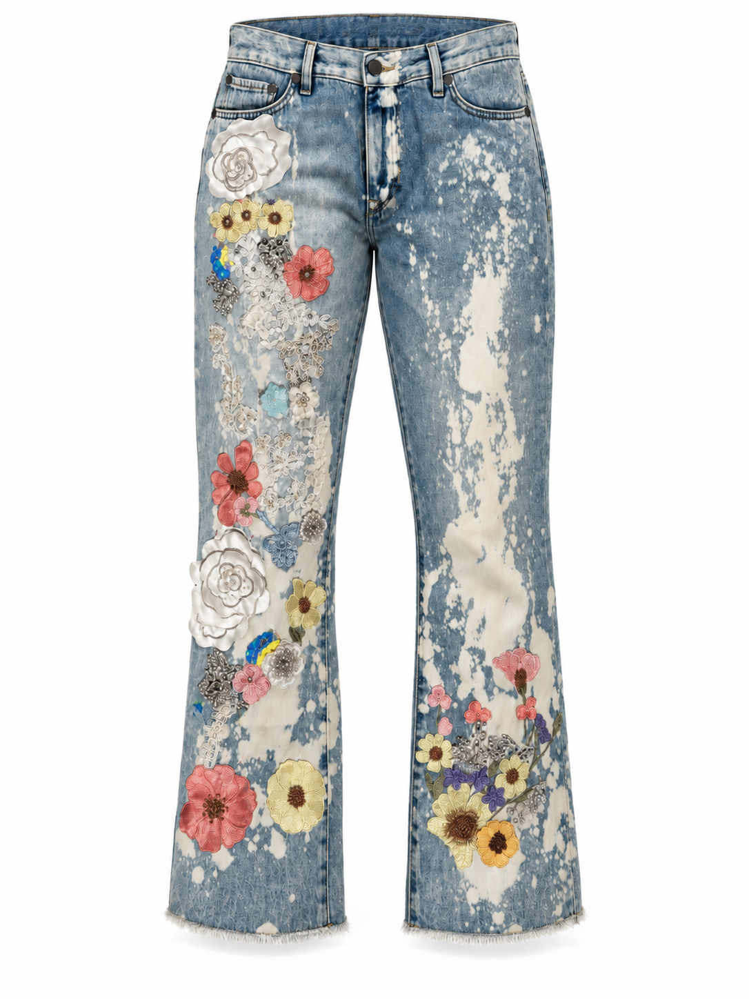 Meadows Wildflower | Floral Appliqué Acid Wash Flare Jeans