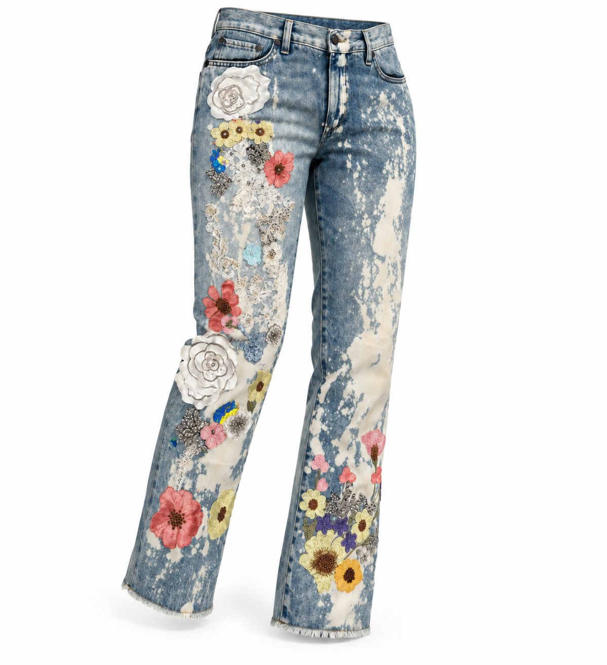 Meadows Wildflower | Floral Appliqué Acid Wash Flare Jeans