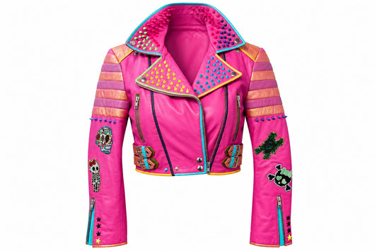 Hot Pink Cropped Leather Moto Jacket with Spikes and Patches