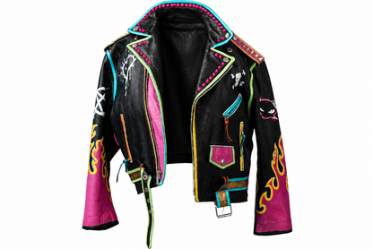 Hand-Painted Cropped Leather Moto Jacket with Flame Sleeves