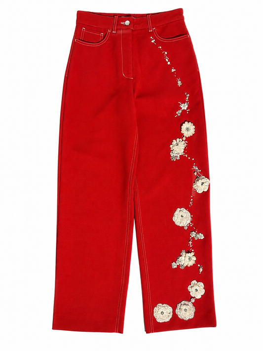 Hand-Beaded Floral Pants in Red Twill