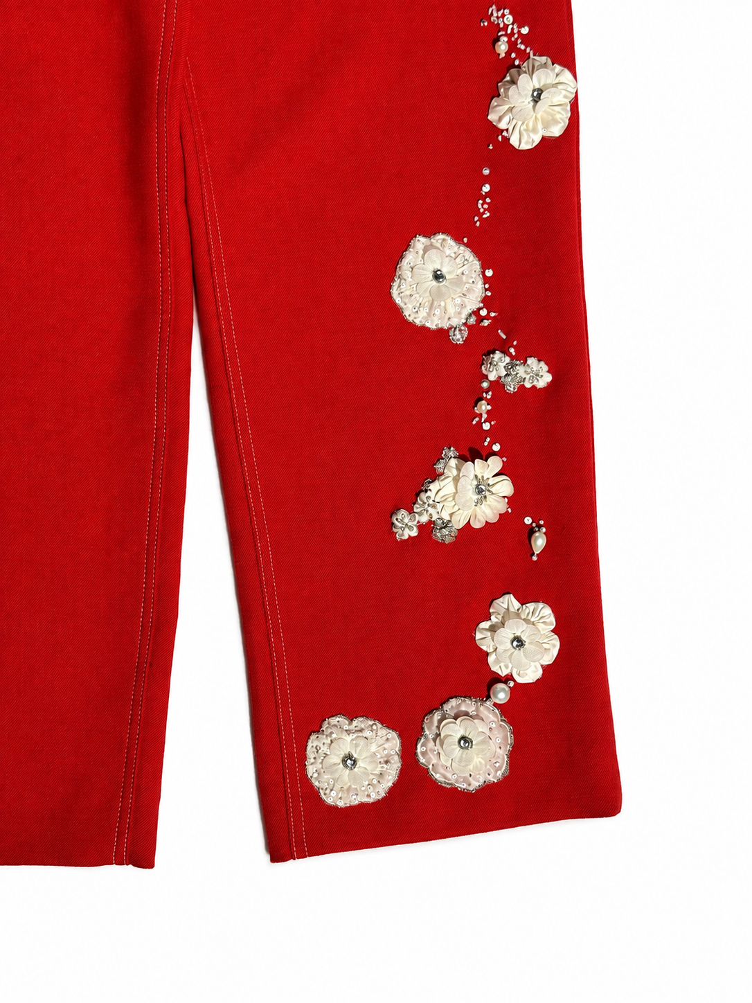 Hand-Beaded Floral Pants in Red Twill