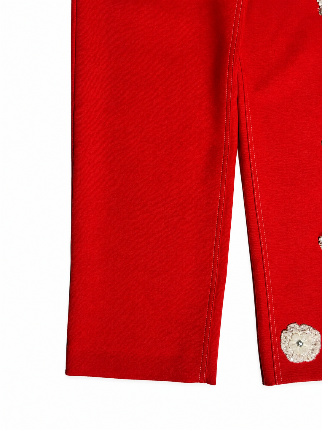Hand-Beaded Floral Pants in Red Twill