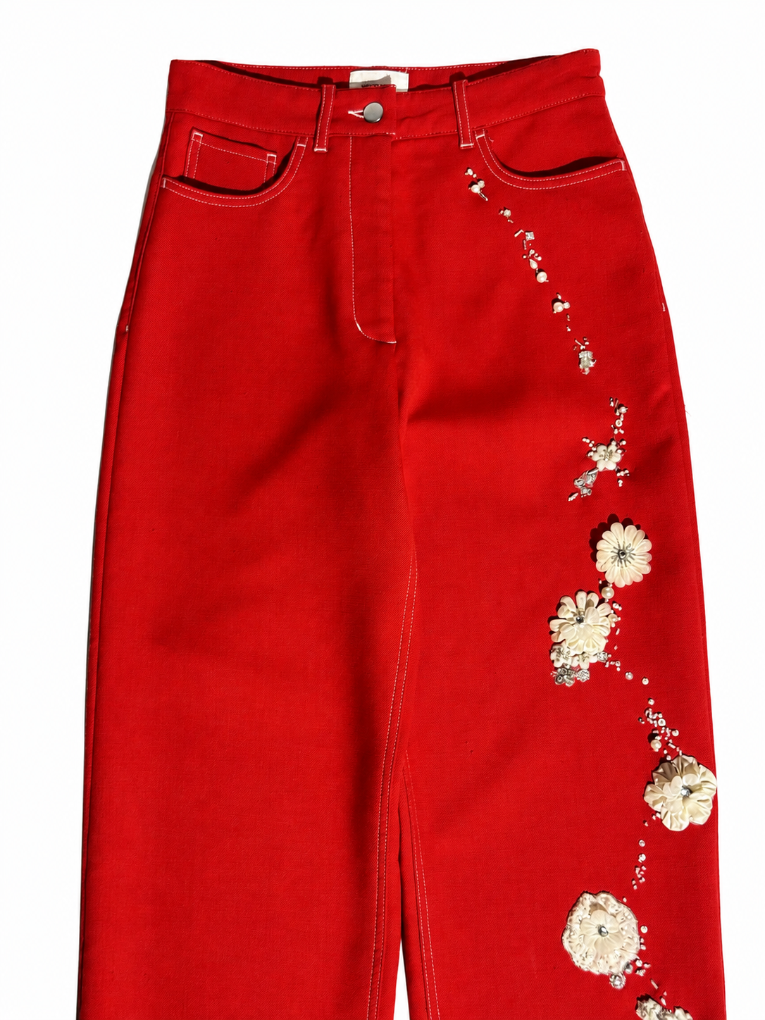 Hand-Beaded Floral Pants in Red Twill