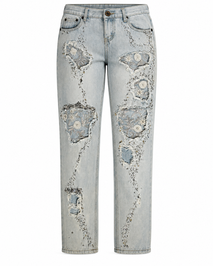 Daisy Lace Patch Ripped Boyfriend Jeans