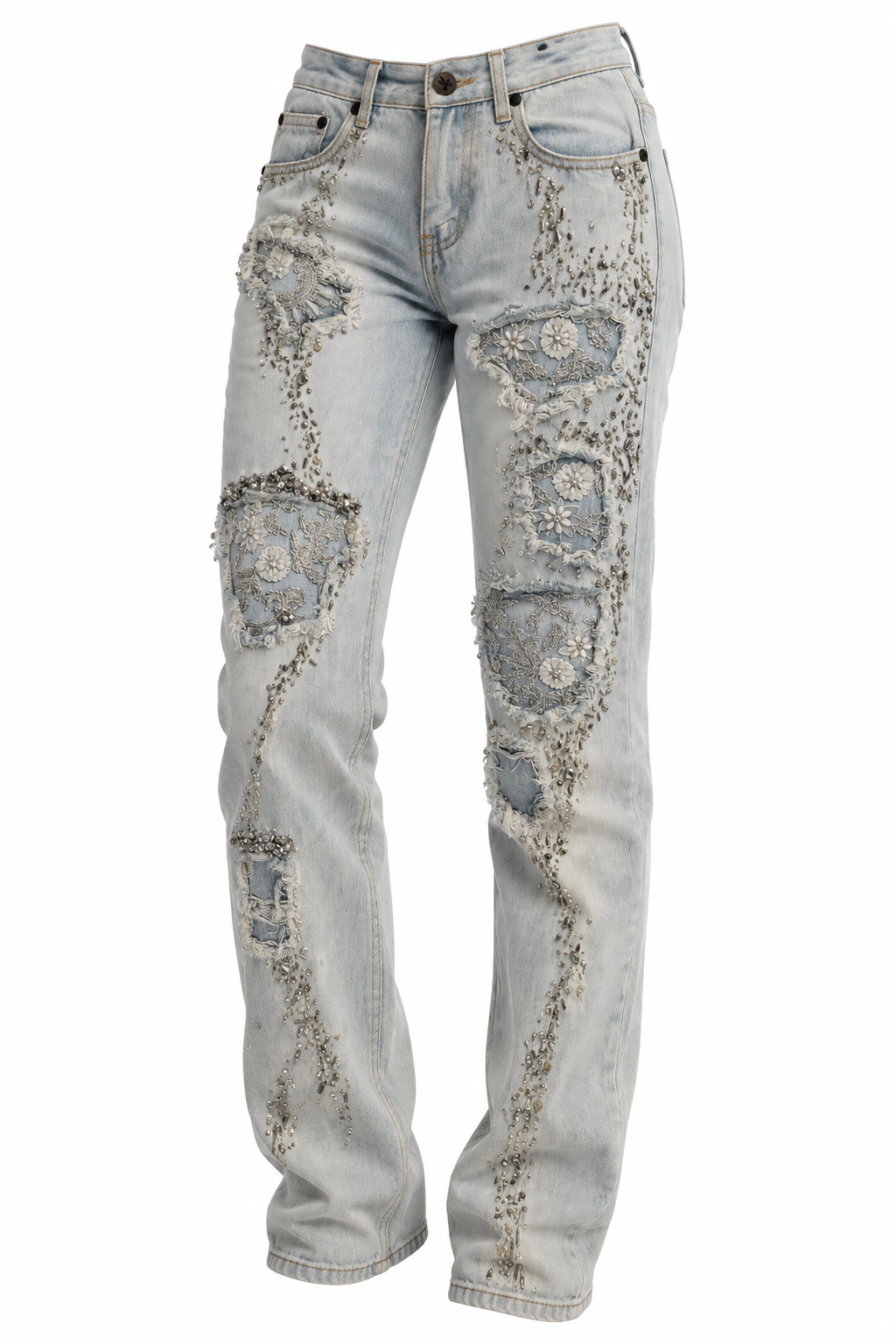 Daisy Lace Patch Ripped Boyfriend Jeans