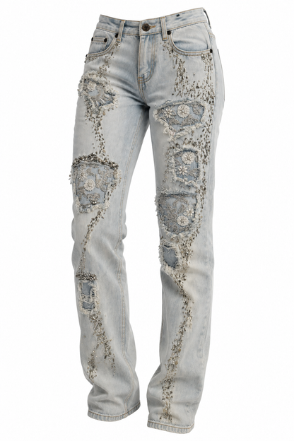 Daisy Lace Patch Ripped Boyfriend Jeans