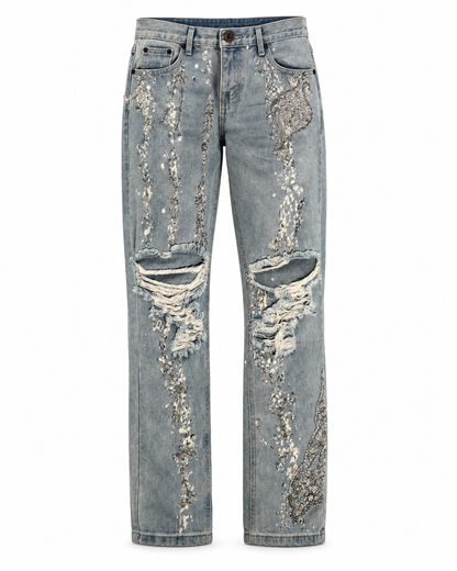 Cascade Beaded Open Knee Loose Straight Jeans