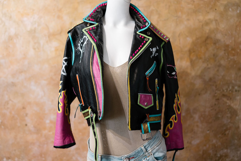 Hand-Painted Cropped Leather Moto Jacket with Flame Sleeves