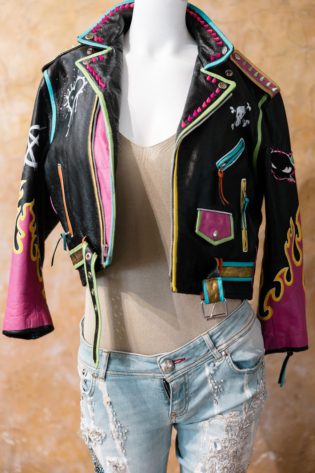 Hand-Painted Cropped Leather Moto Jacket with Flame Sleeves