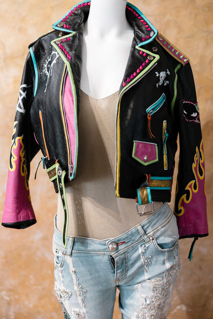 Hand-Painted Cropped Leather Moto Jacket with Flame Sleeves