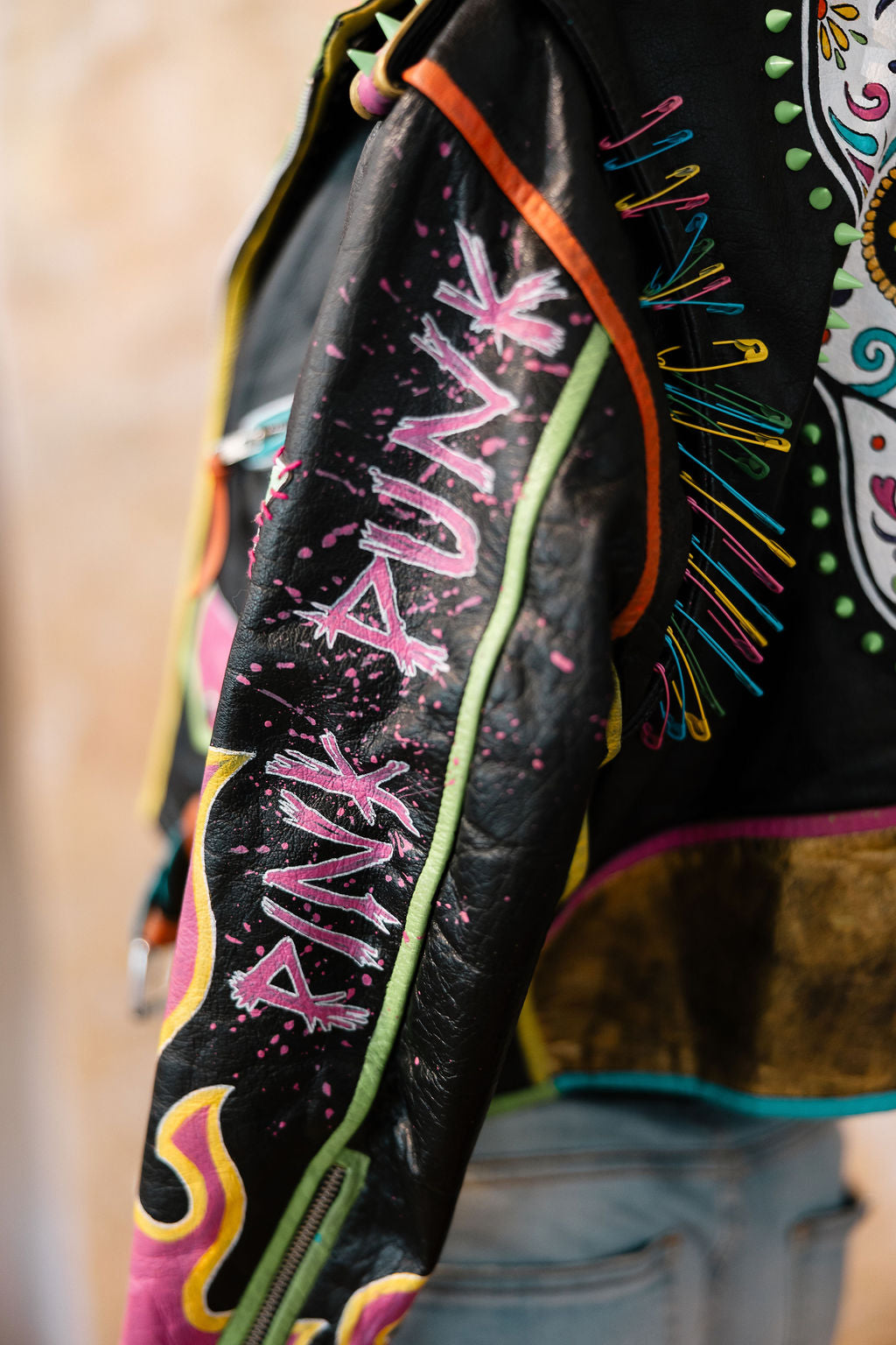 Hand-Painted Cropped Leather Moto Jacket with Flame Sleeves