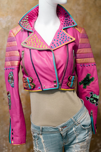 Hot Pink Cropped Leather Moto Jacket with Spikes and Patches