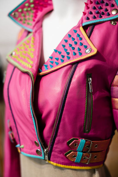 Hot Pink Cropped Leather Moto Jacket with Spikes and Patches