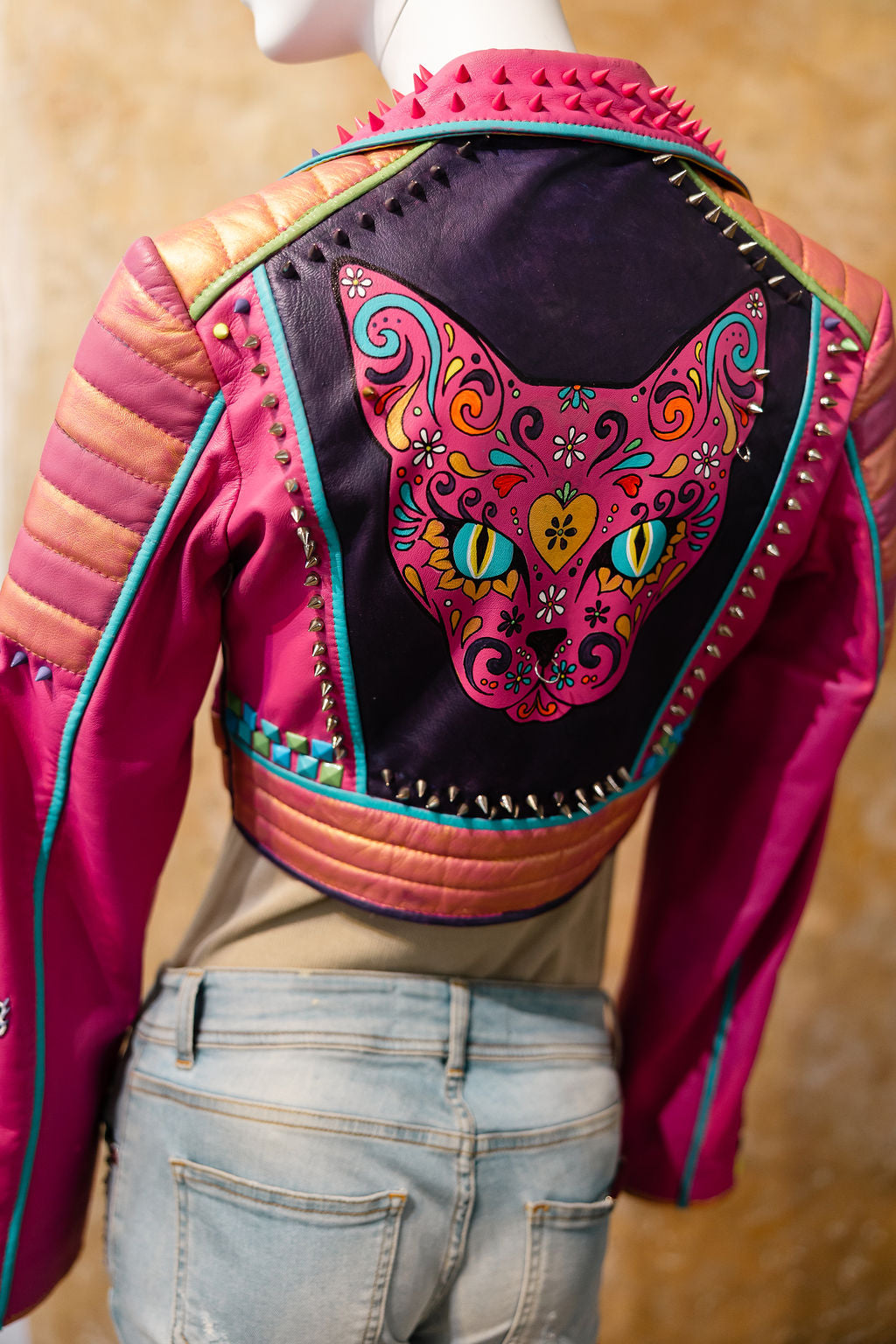 Hot Pink Cropped Leather Moto Jacket with Spikes and Patches