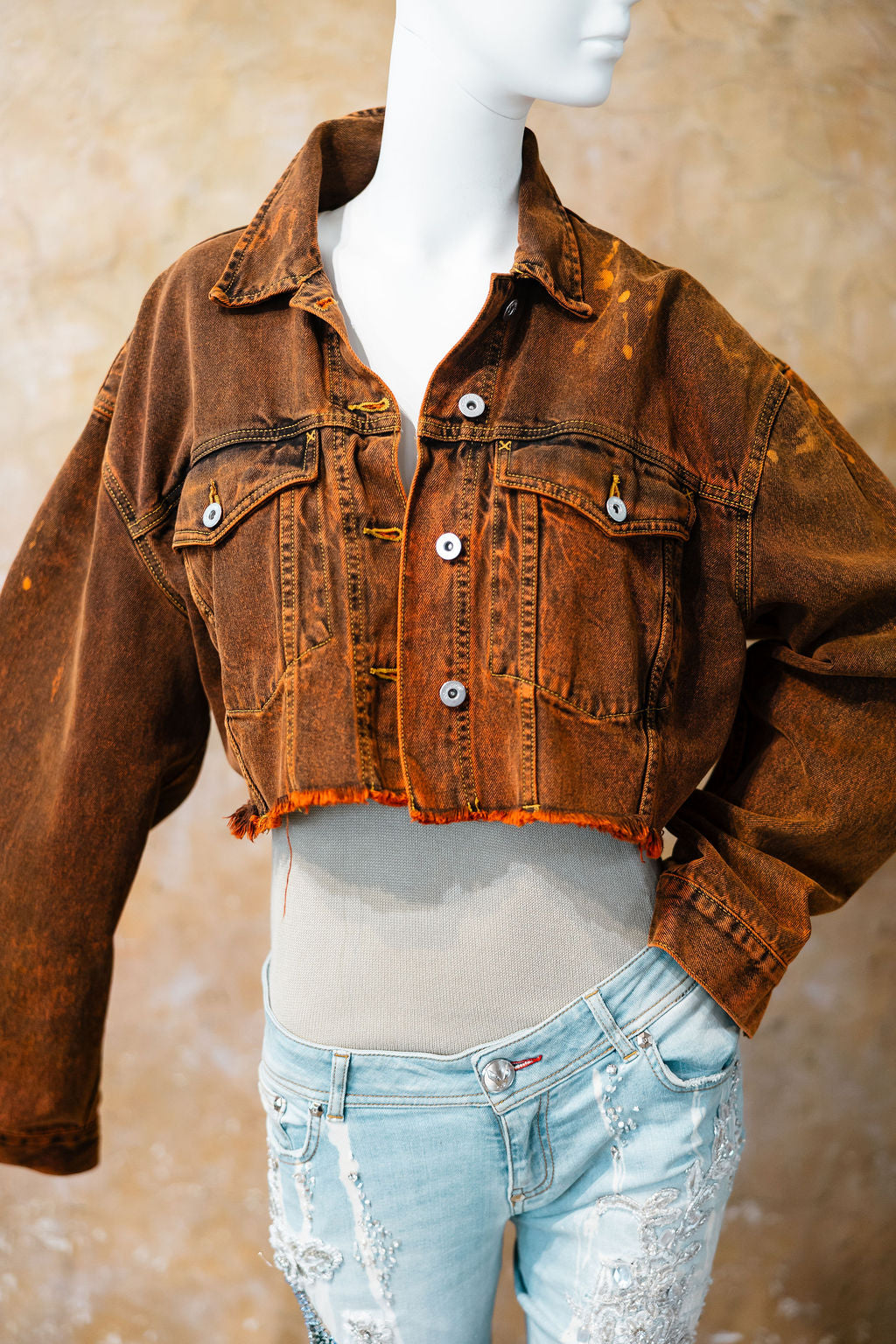 Rust Orange Cropped Denim Jacket