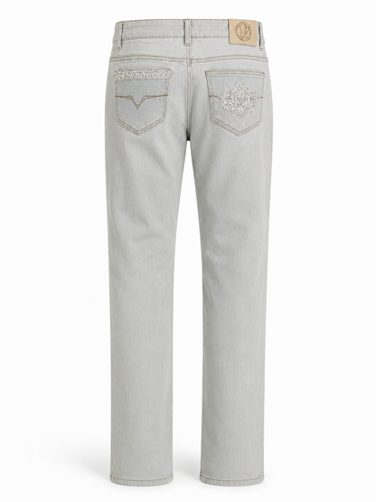 Versace Hand-Beaded Embellished Jeans in Pale Grey