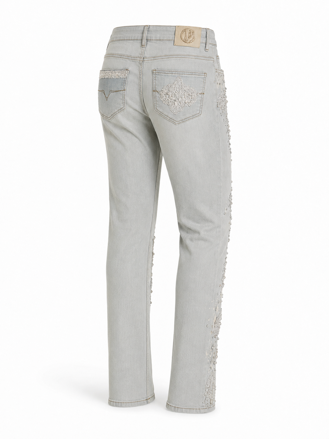 Versace Hand-Beaded Embellished Jeans in Pale Grey