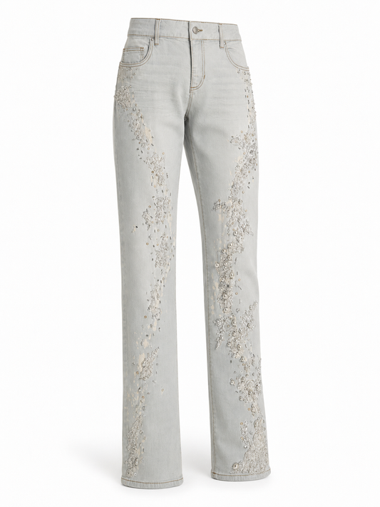 Versace Hand-Beaded Embellished Jeans in Pale Grey